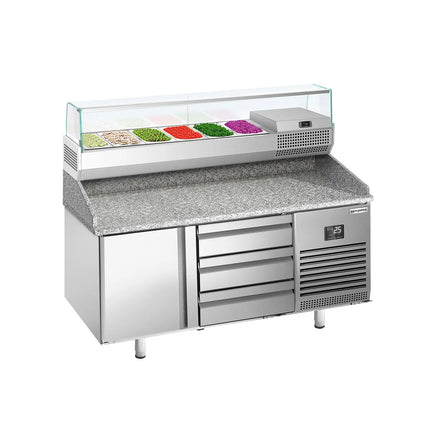 GGM Gastro Commercial Pizza Prep Counter - Granite Top PREMIUM PLUS - 1490x700mm - with 1 doors & 3 drawers - incl. refrigerated topping unit with glass sneeze guard - 6x GN 1/4