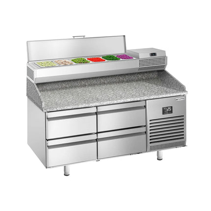 GGM Gastro Commercial Pizza Prep Counter - Granite Top PREMIUM PLUS - 1490x700mm - with 0 doors & 4 dough drawers - incl. refrigerated topping unit - 6x GN 1/4