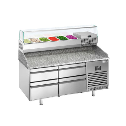 GGM Gastro Commercial Pizza Prep Counter - Granite Top PREMIUM PLUS - 1490x700mm - with 0 doors & 4 drawers - incl. refrigerated topping unit with glass sneeze guard - 6x GN 1/4