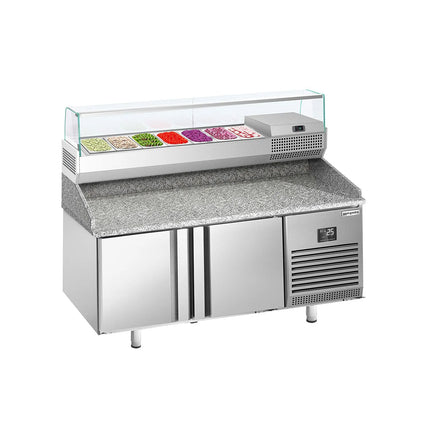 GGM Gastro Commercial Pizza Prep Counter - Granite Top PREMIUM PLUS - 1738x800mm - with 2 doors - incl. refrigerated topping unit with glass sneeze guard - 7x GN 1/4