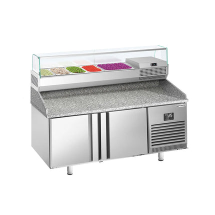 GGM Gastro Commercial Pizza Prep Counter - Granite Top PREMIUM PLUS - 1783x800mm - with 2 doors - incl. refrigerated topping unit with glass sneeze guard - 6x GN 1/3