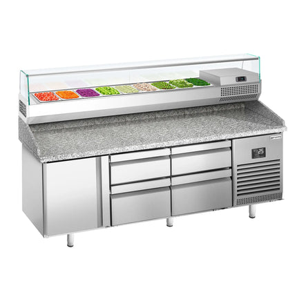GGM Gastro Commercial Pizza Prep Counter - Granite Top PREMIUM PLUS - 1980x700mm - with 1 doors & 4 drawers - incl. refrigerated topping unit with glass sneeze guard - 9x GN 1/4