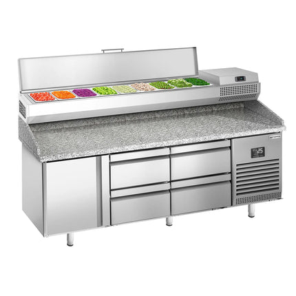 GGM Gastro Commercial Pizza Prep Counter - Granite Top PREMIUM PLUS - 1980x700mm - with 1 doors & 4 drawers - incl. refrigerated topping unit - 9x GN 1/4