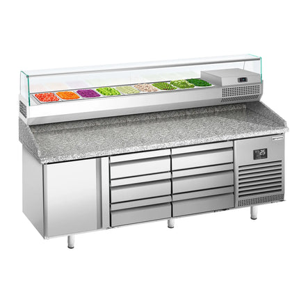 GGM Gastro Commercial Pizza Prep Counter - Granite Top PREMIUM PLUS - 1980x700mm - with 1 doors & 6 drawers - incl. refrigerated topping unit with glass sneeze guard - 9x GN 1/4