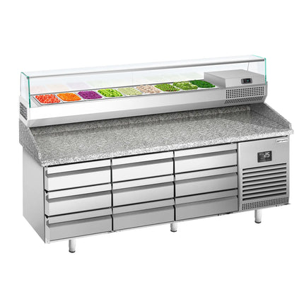 GGM Gastro Commercial Pizza Prep Counter - Granite Top PREMIUM PLUS - 1980x700mm - with 0 doors & 9 dough drawers - incl. refrigerated topping unit with glass sneeze guard - 9x GN 1/4