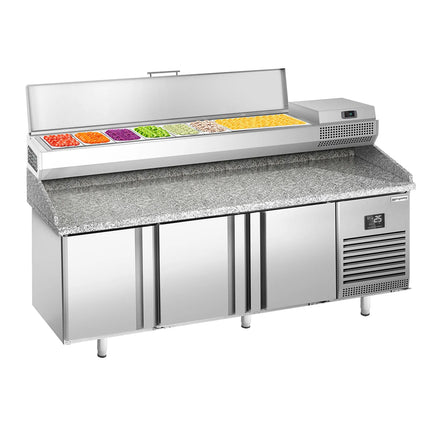 GGM Gastro Commercial Pizza Prep Counter - Granite Top PREMIUM PLUS - 1980x700mm - with 3 doors - incl. refrigerated topping unit - 9x GN 1/4
