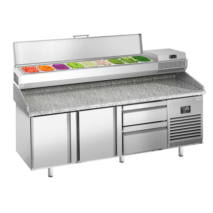 GGM Gastro Commercial Pizza Prep Counter - Granite Top PREMIUM PLUS - 1980x700mm - with 2 doors & 2 drawers - incl. refrigerated topping unit - 9x GN 1/4