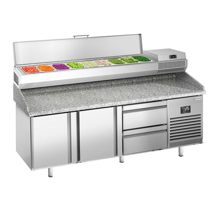 GGM Gastro Commercial Pizza Prep Counter - Granite Top PREMIUM PLUS - 1980x700mm - with 2 doors & 2 drawers - incl. refrigerated topping unit - 9x GN 1/4