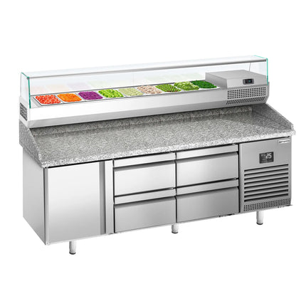GGM Gastro Commercial Pizza Prep Counter - Granite Top PREMIUM PLUS - 1980x700mm - with 1 doors & 4 drawers - incl. refrigerated topping unit with glass sneeze guard - 9x GN 1/4