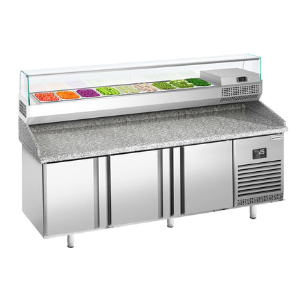 GGM Gastro Commercial Pizza Prep Counter - Granite Top PREMIUM PLUS - 1980x700mm - with 3 doors - incl. refrigerated topping unit with glass sneeze guard - 9x GN 1/4