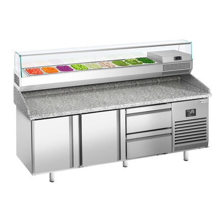 GGM Gastro Commercial Pizza Prep Counter - Granite Top PREMIUM PLUS - 1980x700mm - with 2 doors & 2 drawers - incl. refrigerated topping unit with glass sneeze guard - 9x GN 1/4