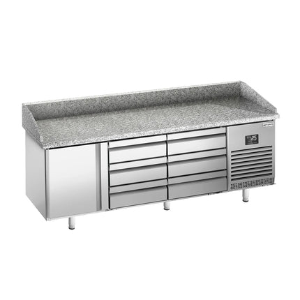 GGM Gastro Commercial Pizza Prep Counter - Granite Top PREMIUM PLUS - 1980x700mm - with 1 doors & 6 drawers - incl. refrigerated topping unit - 11x GN 1/4