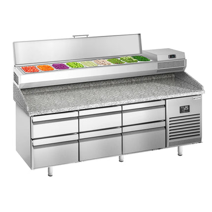 GGM Gastro Commercial Pizza Prep Counter - Granite Top PREMIUM PLUS - 1980x700mm - with 0 doors & 6 drawers - incl. refrigerated topping unit - 9x GN 1/4