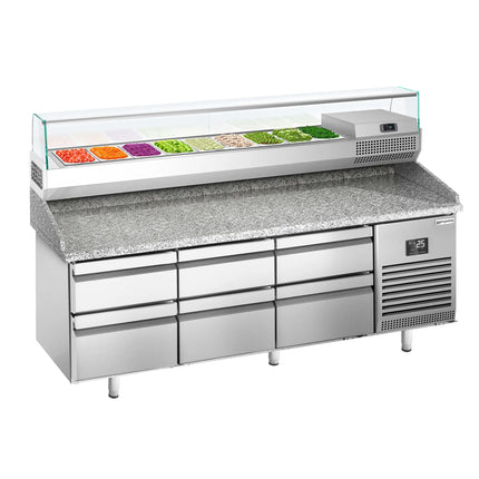 GGM Gastro Commercial Pizza Prep Counter - Granite Top PREMIUM PLUS - 1980x700mm - with 0 doors & 6 dough drawers - incl. refrigerated topping unit with glass sneeze guard - 9x GN 1/4