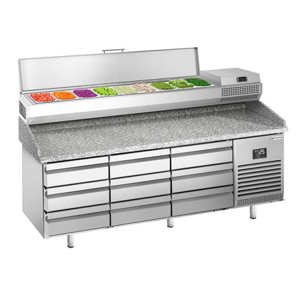 GGM Gastro Commercial Pizza Prep Counter - Granite Top PREMIUM PLUS - 1980x700mm - with 0 doors & 9 drawers - incl. refrigerated topping unit - 9x GN 1/4