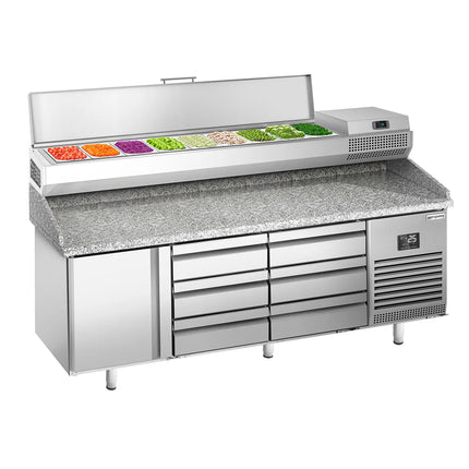 GGM Gastro Commercial Pizza Prep Counter - Granite Top PREMIUM PLUS - 1980x700mm - with 1 doors & 6 drawers - incl. refrigerated topping unit - 9x GN 1/4