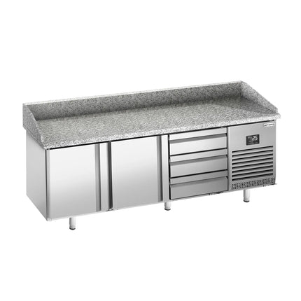 GGM Gastro Commercial Pizza Prep Counter - Granite Top PREMIUM PLUS - 1980x1139mm - with 2 doors & 3 drawers - incl. refrigerated topping unit - 10x GN 1/4
