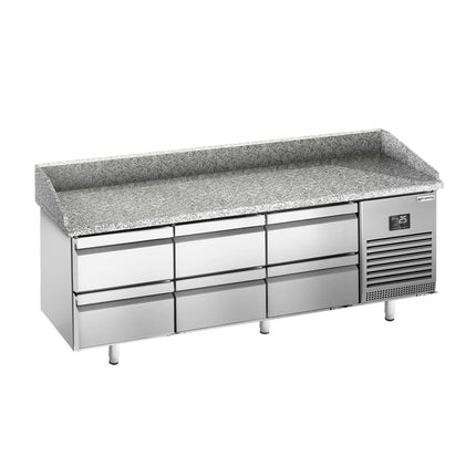 GGM Gastro Commercial Pizza Prep Counter - Granite Top PREMIUM PLUS - 1980x700mm - with 0 doors & 6 dough drawers