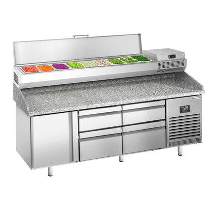 GGM Gastro Commercial Pizza Prep Counter - Granite Top PREMIUM PLUS - 1980x700mm - with 1 doors & 4 drawers - incl. refrigerated topping unit - 9x GN 1/4