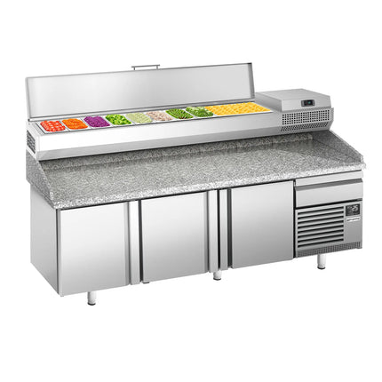 GGM Gastro Commercial Pizza Prep Counter - Granite Top PREMIUM PLUS - 2305x800mm - with 3 doors & 1 drawers - incl. refrigerated topping unit - 10x GN 1/3