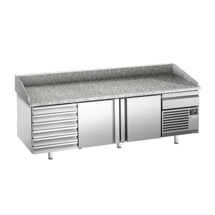GGM Gastro Commercial Pizza Prep Counter - Granite Top PREMIUM PLUS - 2305x800mm - with 2 doors & 7 drawers