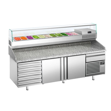 GGM Gastro Commercial Pizza Prep Counter - Granite Top PREMIUM PLUS - 2305x800mm - with 2 doors & 7 drawers - incl. refrigerated topping unit with glass sneeze guard - 11x GN 1/4