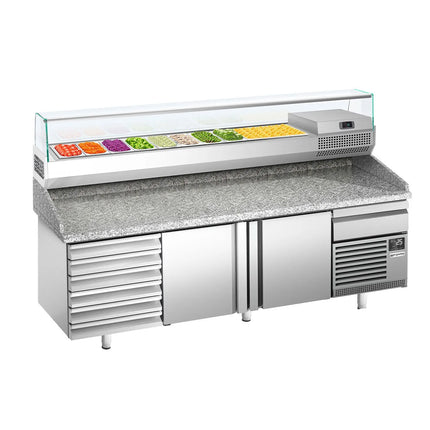 GGM Gastro Commercial Pizza Prep Counter - Granite Top PREMIUM PLUS - 2305x800mm - with 2 doors & 7 drawers - incl. refrigerated topping unit with glass sneeze guard - 10x GN 1/3