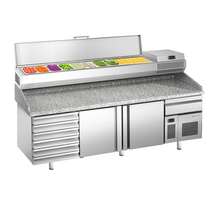 GGM Gastro Commercial Pizza Prep Counter - Granite Top PREMIUM PLUS - 2305x800mm - with 2 doors & 7 drawers - incl. refrigerated topping unit - 10x GN 1/3