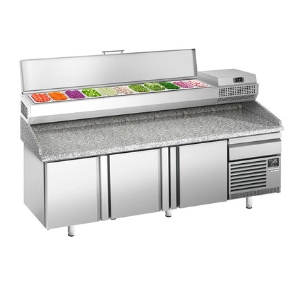 GGM Gastro Commercial Pizza Prep Counter - Granite Top PREMIUM PLUS - 2305x800mm - with 3 doors - incl. refrigerated topping unit - 11x GN 1/4