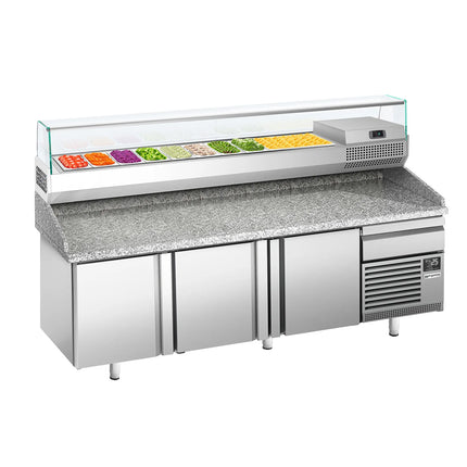 GGM Gastro Commercial Pizza Prep Counter - Granite Top PREMIUM PLUS - 2305x800mm - with 3 doors & 1 drawers - incl. refrigerated topping unit with glass sneeze guard - 10x GN 1/3
