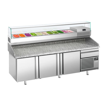 GGM Gastro Commercial Pizza Prep Counter - Granite Top PREMIUM PLUS - 2305x800mm - with 3 doors & 1 drawers - incl. refrigerated topping unit with glass sneeze guard - 11x GN 1/4