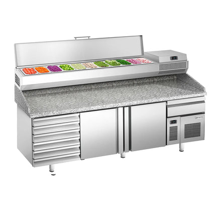 GGM Gastro Commercial Pizza Prep Counter - Granite Top PREMIUM PLUS - 2305x800mm - with 2 doors & 7 drawers - incl. refrigerated topping unit - 11x GN 1/4