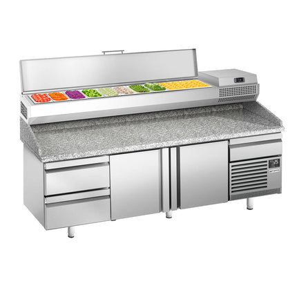 GGM Gastro Commercial Pizza Prep Counter - Granite Top PREMIUM PLUS - 3305x800mm - with 3 doors & 3 drawers - incl. refrigerated topping unit - 10x GN 1/3