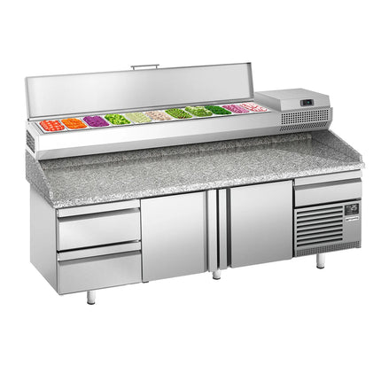 GGM Gastro Commercial Pizza Prep Counter - Granite Top PREMIUM PLUS - 3305x800mm - with 3 doors & 3 drawers - incl. refrigerated topping unit - 11x GN 1/4
