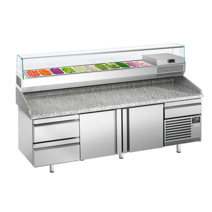 GGM Gastro Commercial Pizza Prep Counter - Granite Top PREMIUM PLUS - 3305x800mm - with 3 doors & 3 drawers - incl. refrigerated topping unit with glass sneeze guard - 11x GN 1/4