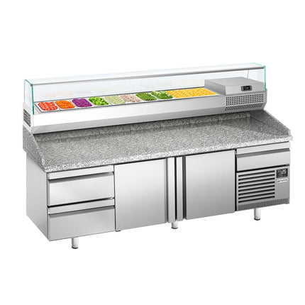 GGM Gastro Commercial Pizza Prep Counter - Granite Top PREMIUM PLUS - 3305x800mm - with 3 doors & 3 drawers - incl. refrigerated topping unit with glass sneeze guard - 10x GN 1/3