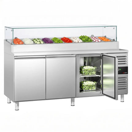 GGM Gastro Commercial Pizza Prep Counter PREMIUM - 2020x800mm - 3 Doors - with Glass topper - for 10x GN 1/3