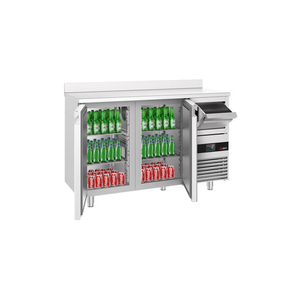 GGM Gastro Commercial Refrigerated Back Bar Counter PREMIUM - 1580x600mm - 365L - with 2 Solid Doors, upstand & knock box for coffee, digital thermostat, automatic defrost, fan-assisted condenser - Stainless Steel