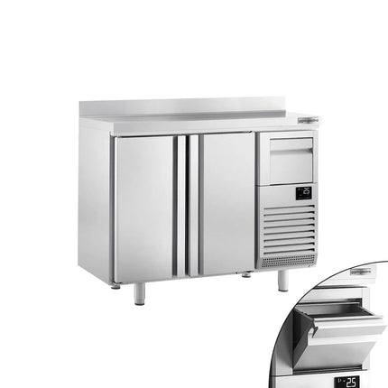 GGM Gastro Commercial Refrigerated Back Bar Counter PREMIUM PLUS - 1468x600x1150mm - with 2 Solid Doors, upstand & knock box for coffee - 340L