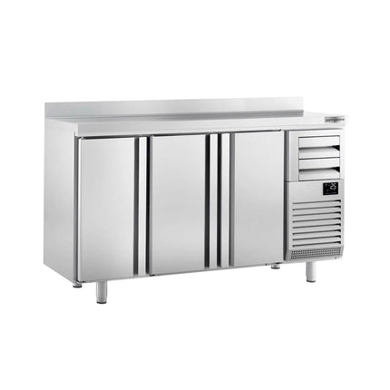 GGM Gastro Commercial Refrigerated Back Bar Counter PREMIUM PLUS - 1960x600x1150mm - 520L - with 3 Hinged Glass Doors, 2 Drawers, upstand, locks & auto defrost