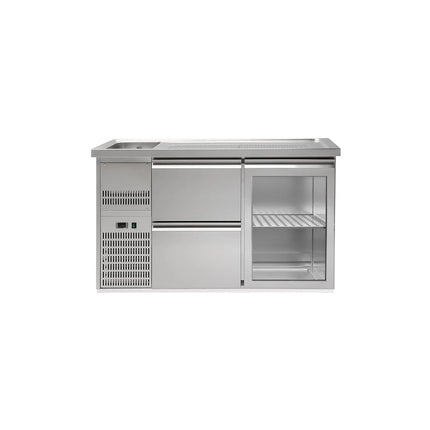 GGM Gastro Commercial Refrigerated Beer Counter 1 Glass Door + 2 Drawers PREMIUM – 1 sink left - 1550×700 mm
