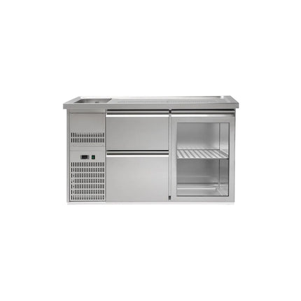 GGM Gastro Commercial Refrigerated Beer Counter 1 Glass Door + 2 Drawers PREMIUM – 1 sink left - 1550×700 mm