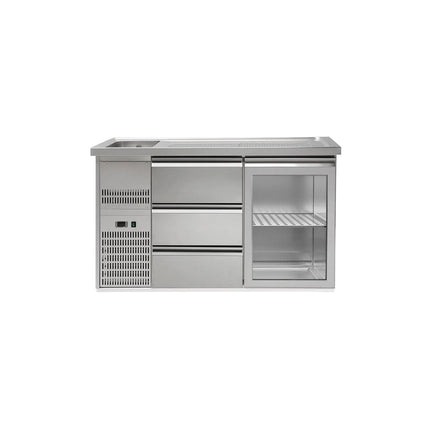 GGM Gastro Commercial Refrigerated Beer Counter 1 Glass Door + 3 Drawers PREMIUM – 1 sink left - 1550×700 mm