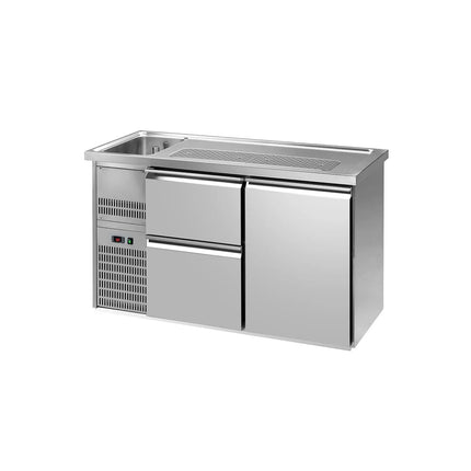 GGM Gastro Commercial Refrigerated Beer Counter 1 Stainless Door + 2 Drawers PREMIUM – 1 sink left - 1550×700 mm