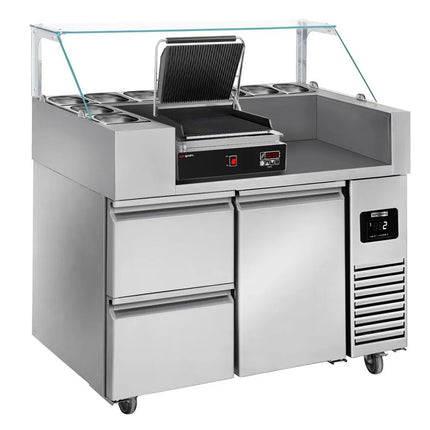 GGM Gastro Commercial Refrigerated Prep Table PREMIUM - 1 Door + 2 Drawers - 1210 mm - for 9× GN 1/6 - Contact grill (timer) included