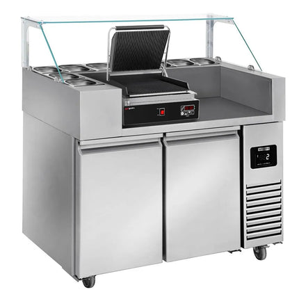 GGM Gastro Commercial Refrigerated Prep Table PREMIUM – Glass Top – 2 Doors – 1210 mm – for 9× GN 1/6 – Includes contact grill
