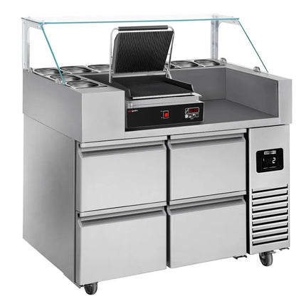 GGM Gastro Commercial Refrigerated Prep Table PREMIUM – Glass Top – 2 Doors – 1210 mm – for 9× GN 1/6 - with Contact Grill (50–300°C)