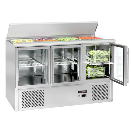 GGM Gastro Commercial Saladette Counter ECO - 1368mm - 368L - 3 glass doors - open top for 4 x GN 1/1 & stainless steel retractable lid