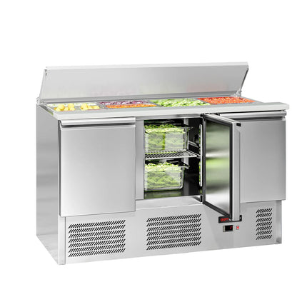 GGM Gastro Commercial Saladette Counter ECO - 1368mm - 368L - Black Front - 3 doors - open top for 4 x GN 1/1 & stainless steel hinged lid