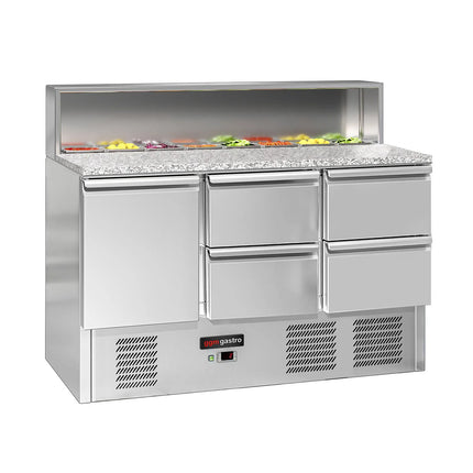 GGM Gastro Commercial Saladette Counter ECO - 1368mm - 402L - 1 door & 4 drawers - open top for 8 x GN 1/6 & stainless steel hinged lid
